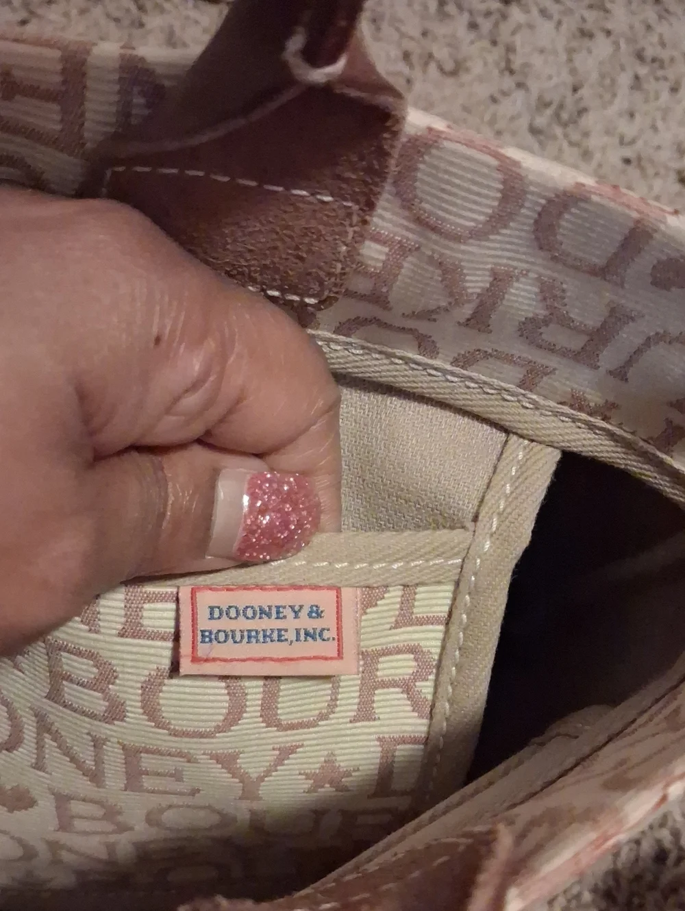 Dooney & Bourke Beige Logo Canvas Tote with Brown Leather Handles